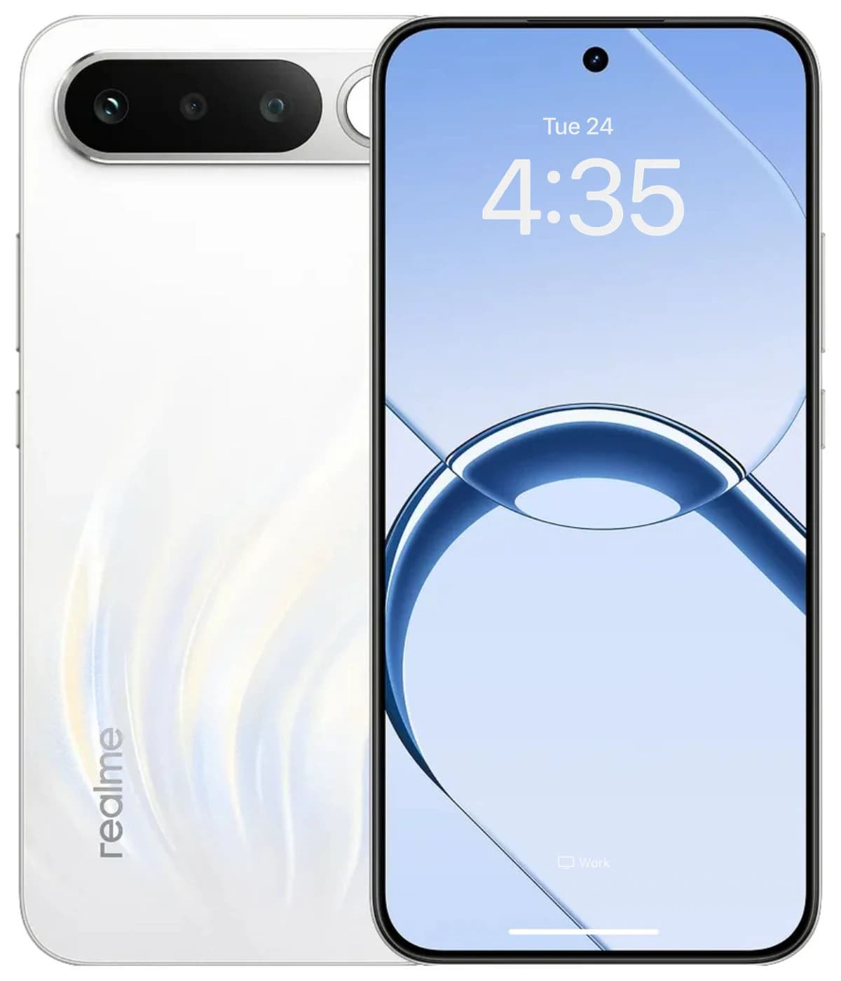 Realme 16 smartphone featuring a sleek white design with a glossy finish, dual rear cameras, and a vibrant display showing the time. The device is positioned front-facing against a plain background.
