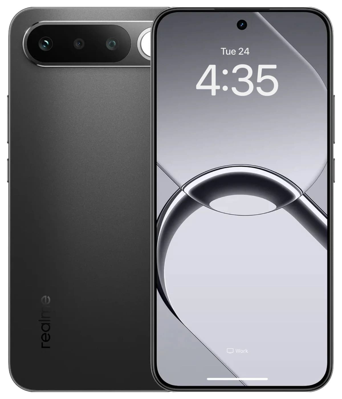 Realme 16 smartphone in sleek black finish, featuring a dual-camera setup on the back and a vibrant display showing the time. The device is positioned front-facing with a modern design and minimal bezels, ideal for tech enthusiasts.