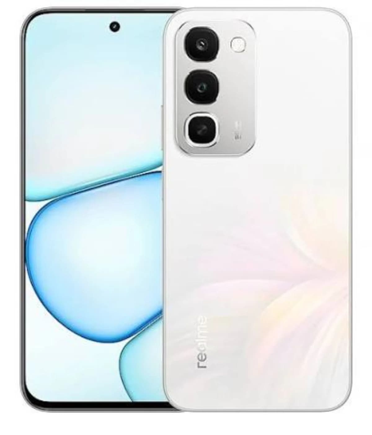 Realme C100 smartphone in white color featuring a sleek design, triple rear camera setup, and a vibrant display with rounded edges. The back showcases a subtle floral pattern, enhancing its aesthetic appeal.
