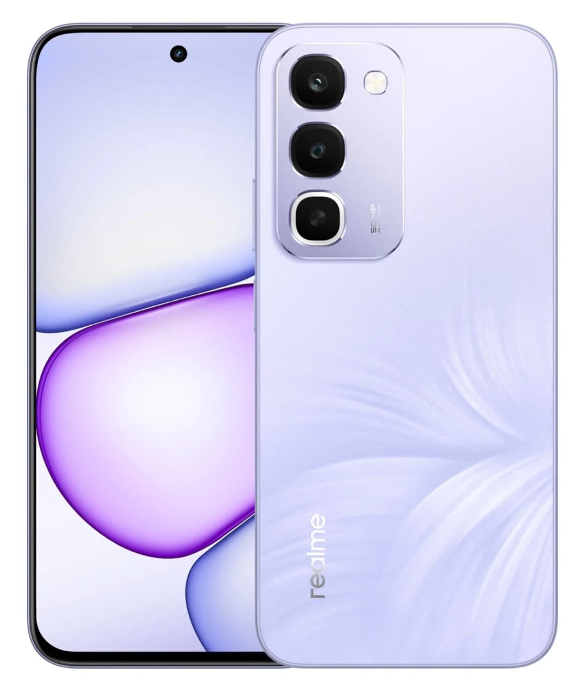 Realme C100 smartphone in a stunning lavender color with a sleek design, featuring a triple-camera setup on the back and a vibrant display showcasing purple hues. The device is presented front and back, highlighting its modern aesthetics.