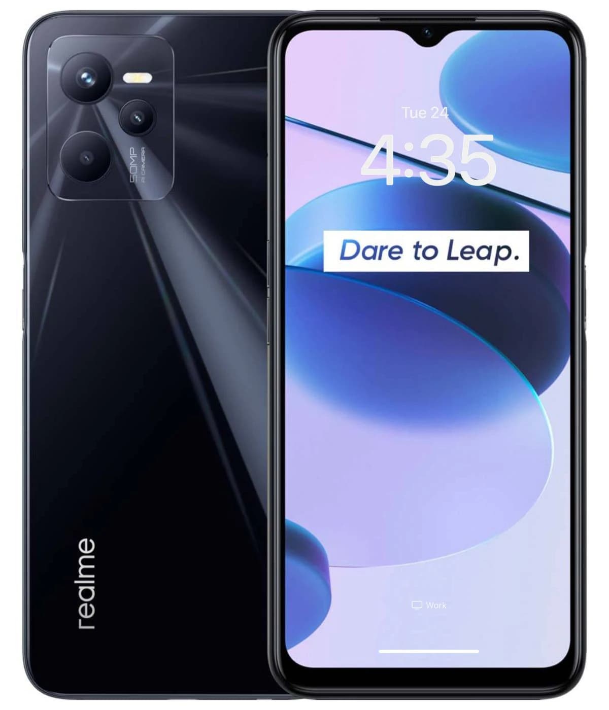 Realme C35 smartphone featuring a sleek black design, 90MP camera, and vibrant display showcasing the 'Dare to Leap' slogan. The device is presented in a front view with a glossy finish.