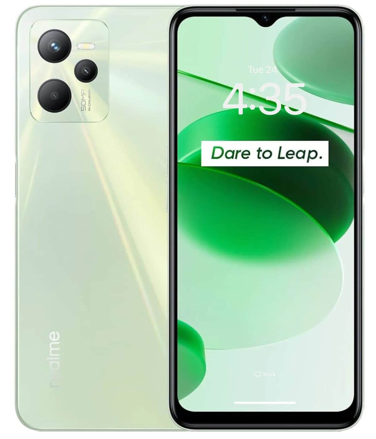 Realme C35 smartphone in a soft green color featuring a 50MP camera on the back, a vibrant display with a green abstract wallpaper, and the slogan 'Dare to Leap.' visible on the screen. The phone is shown from a front angle, highlighting its sleek…