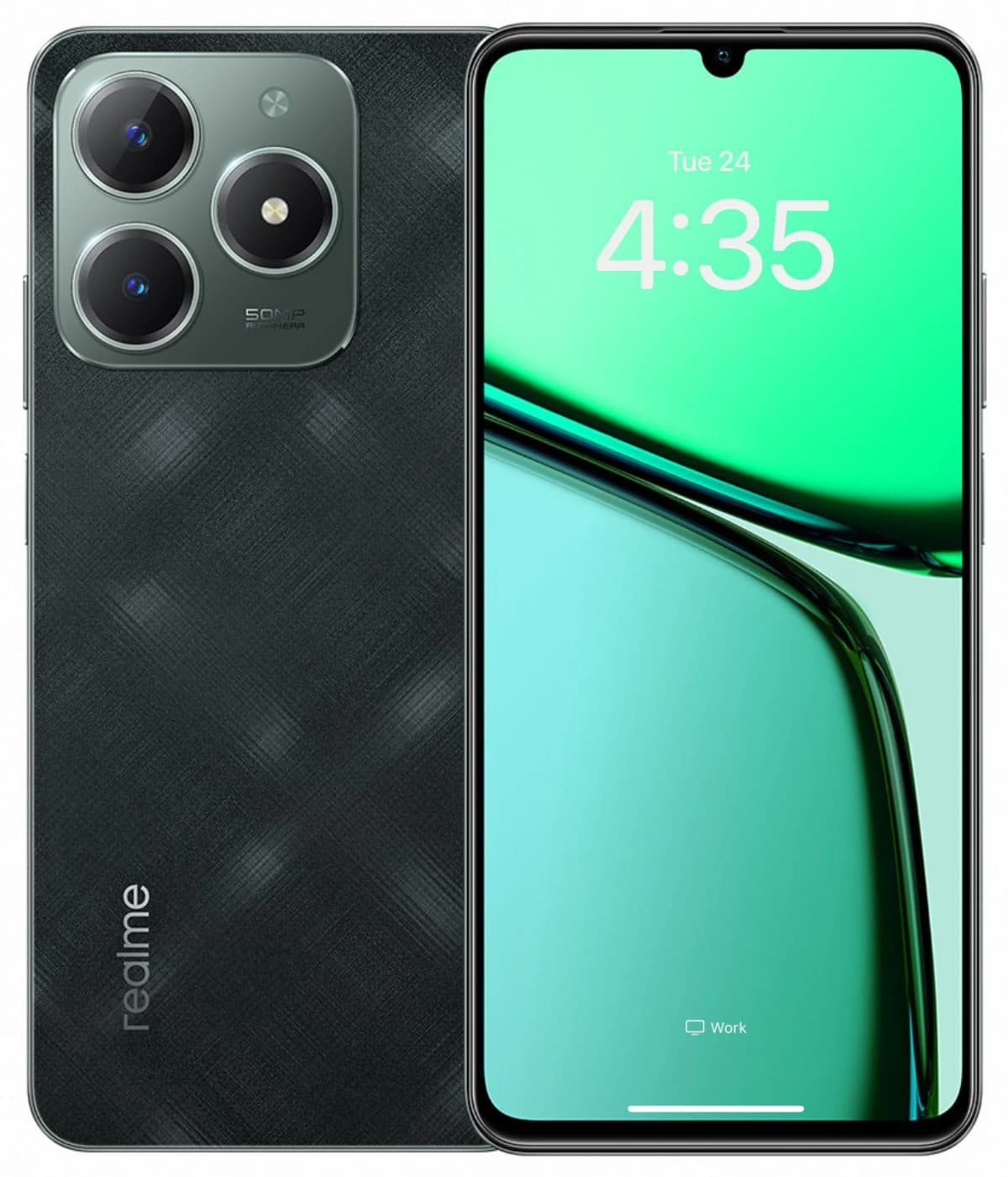 Realme C61 smartphone featuring a sleek black textured back, a vibrant green display, and a triple camera setup with a 50MP main camera. The device showcases a modern design with a front view highlighting its elegant curves and minimal bezels.