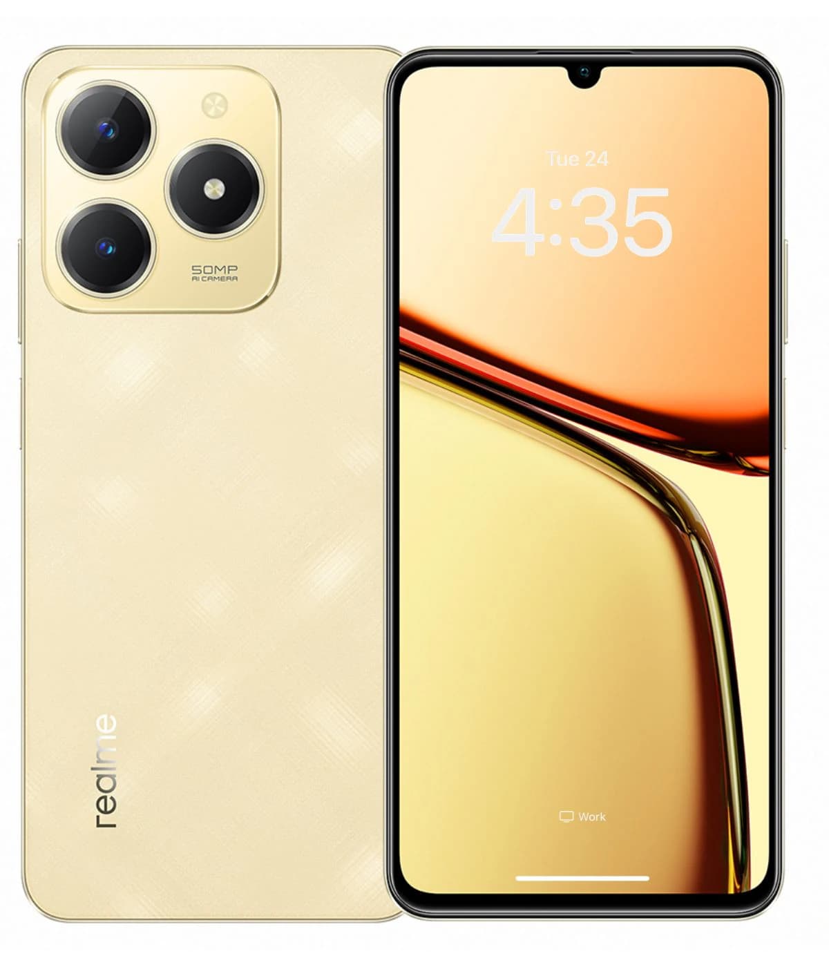 Realme C61 smartphone in a sleek golden finish featuring a 50MP AI camera, showcasing a vibrant display with a waterdrop notch design. The back has a textured pattern, enhancing grip and style.