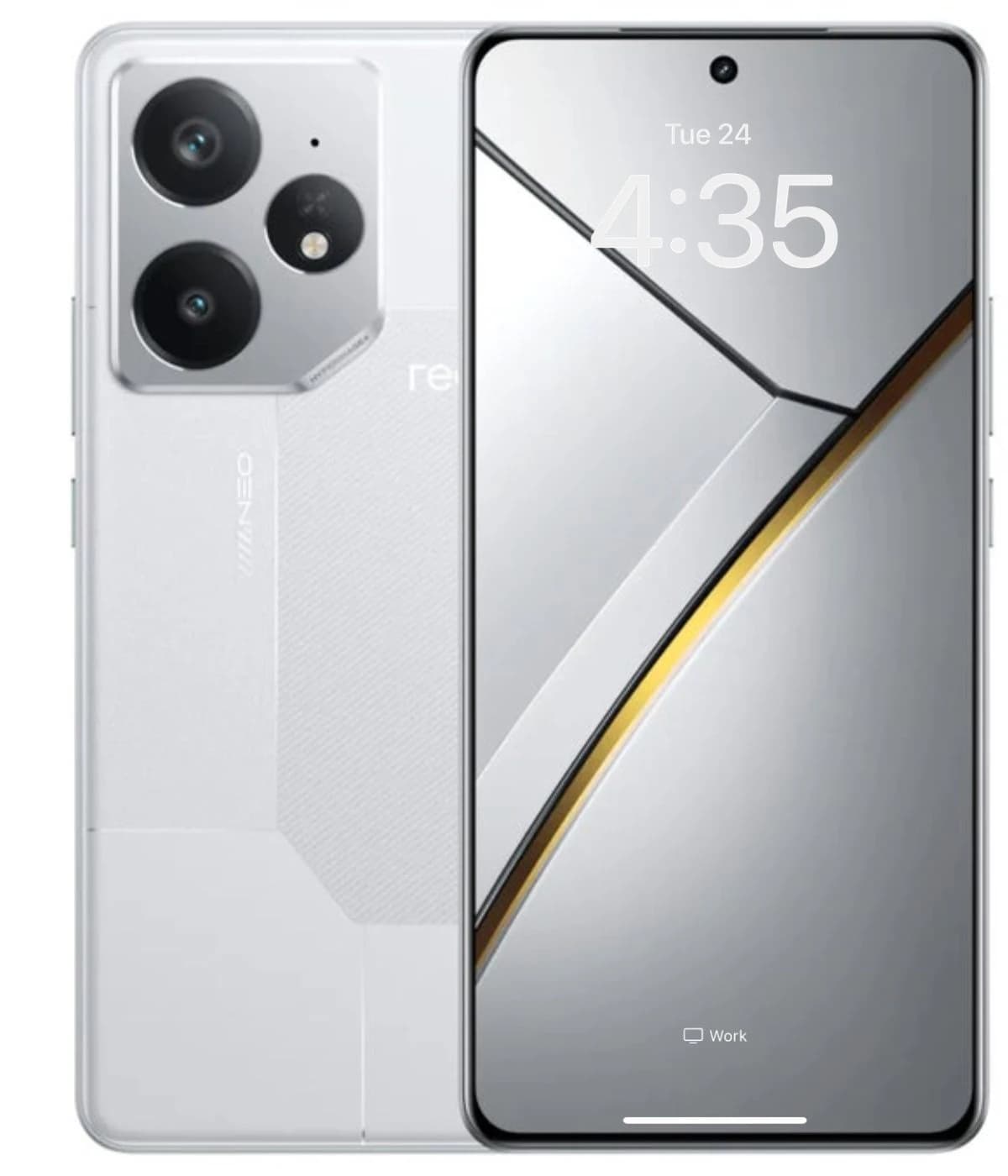 Realme Neo 7 smartphone in sleek white design, featuring a large display with a centered front camera and a triple camera setup on the back. The device showcases a modern aesthetic with geometric patterns and a premium finish.