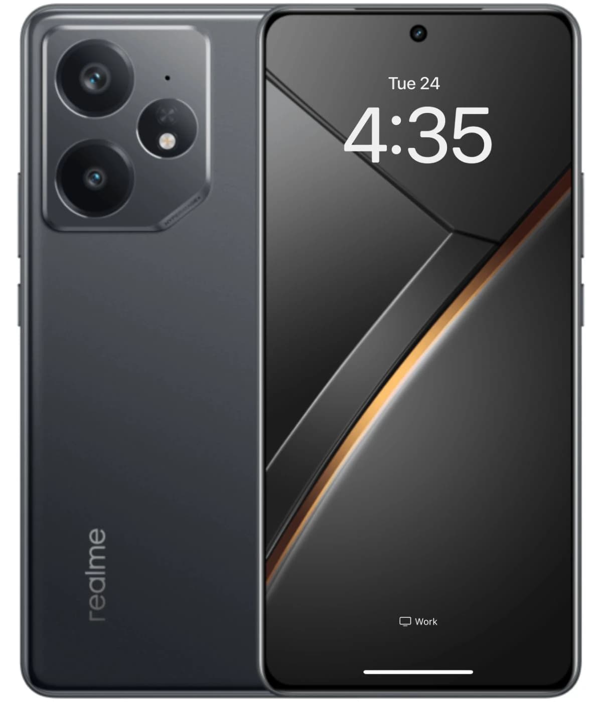 Realme Neo 7 smartphone in sleek black design featuring a dual-camera setup and vibrant display. The device showcases a modern aesthetic with a glossy finish and a large screen, perfect for multimedia use.