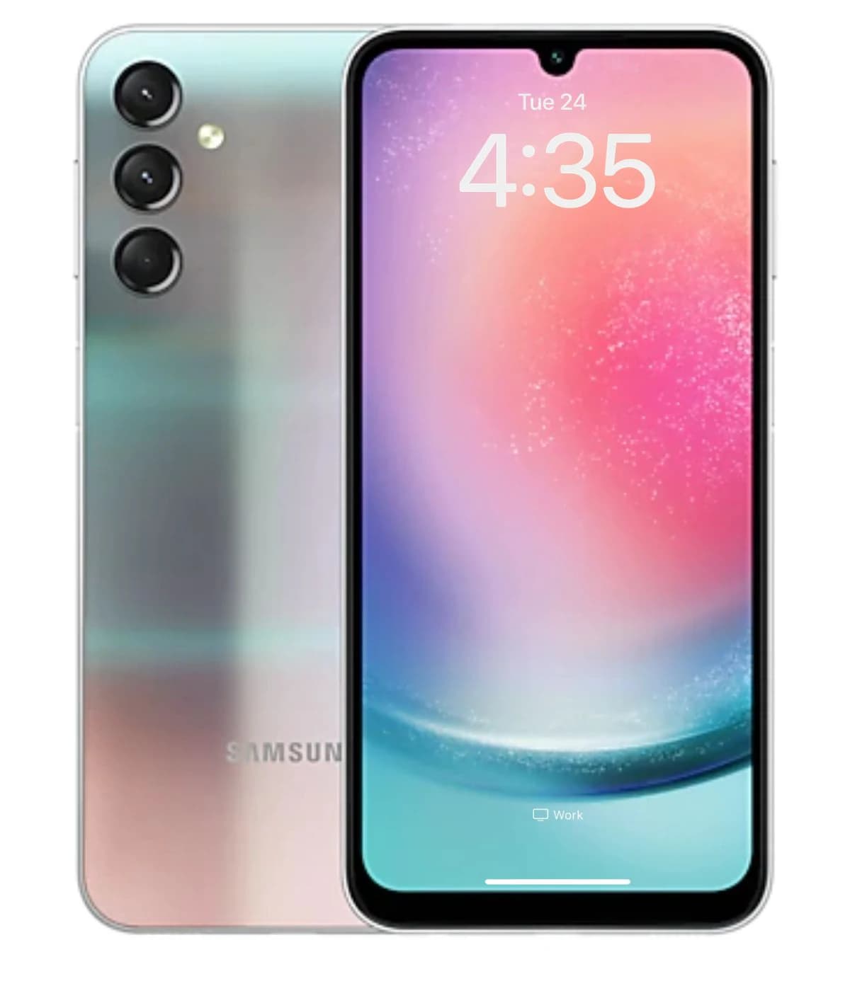 Samsung Galaxy A24 smartphone featuring a sleek design with a gradient finish in pastel colors. The front displays a vibrant screen with a time indicator and a subtle notch for the front camera. The back showcases a triple-camera setup with a…