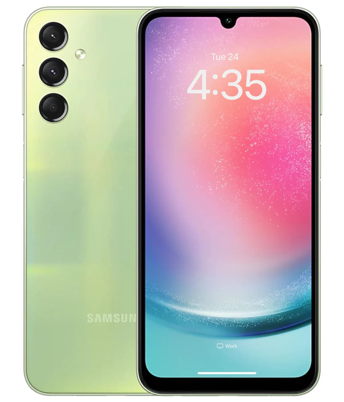Samsung Galaxy A24 smartphone in a soft green color, featuring a sleek design with three rear cameras and a vibrant display showing the time. The device is positioned front-facing with a smooth finish and modern aesthetics.