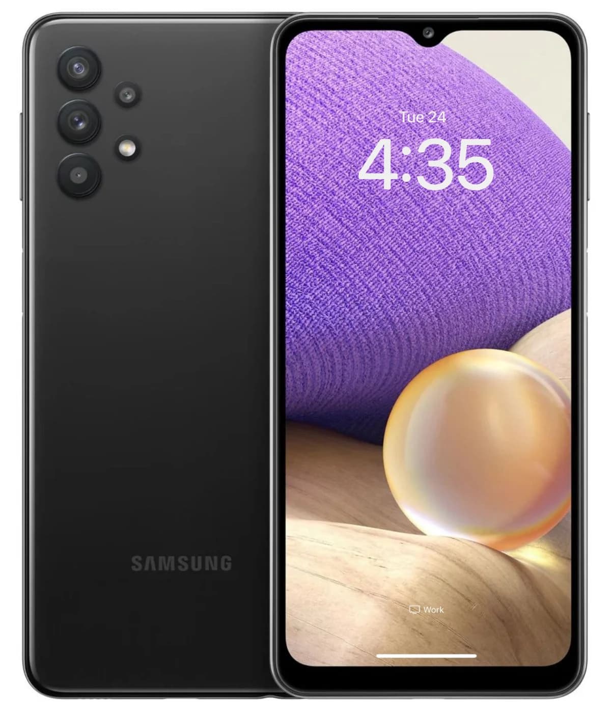Samsung Galaxy A32 smartphone in sleek black finish, featuring a vibrant display with a purple background and a glossy orb. The device showcases a triple camera setup on the back, emphasizing its modern design and functionality.