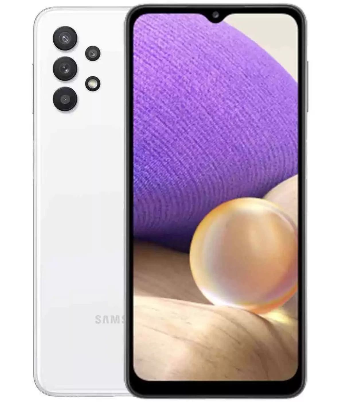 Samsung Galaxy A32 smartphone in white color featuring a sleek design, showcasing a vibrant display with a purple background and a glossy orb. The back displays a quad-camera setup, emphasizing its modern technology.