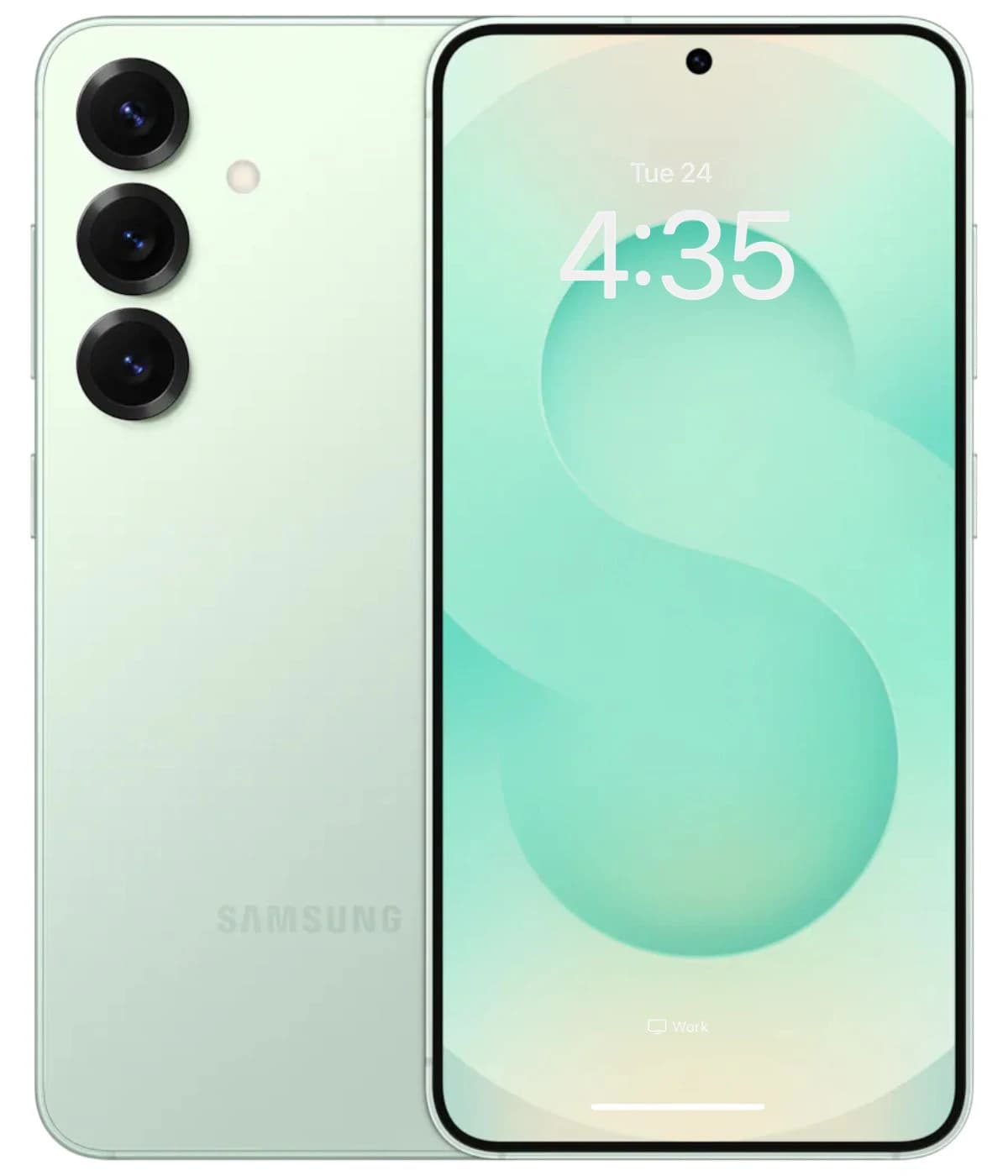 Samsung Galaxy S25 smartphone in mint green color featuring a sleek design, triple rear cameras, and a vibrant display showing the time. The device has a modern aesthetic with rounded edges and a minimalistic interface.