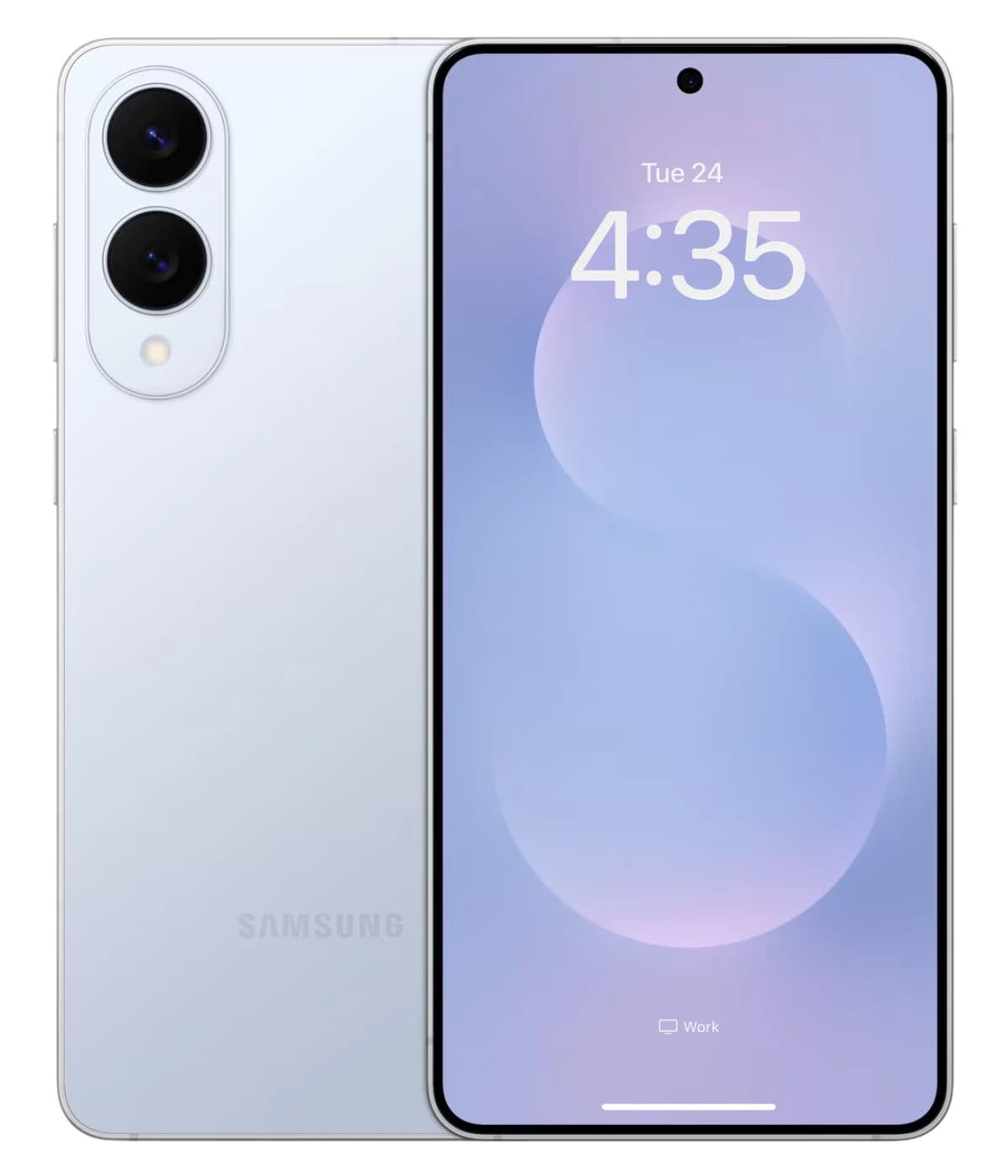 Samsung Galaxy S25 Edge smartphone in sleek white finish, featuring dual rear cameras and a vibrant display showing the time. The device has a modern design with minimal bezels and a smooth glass back.