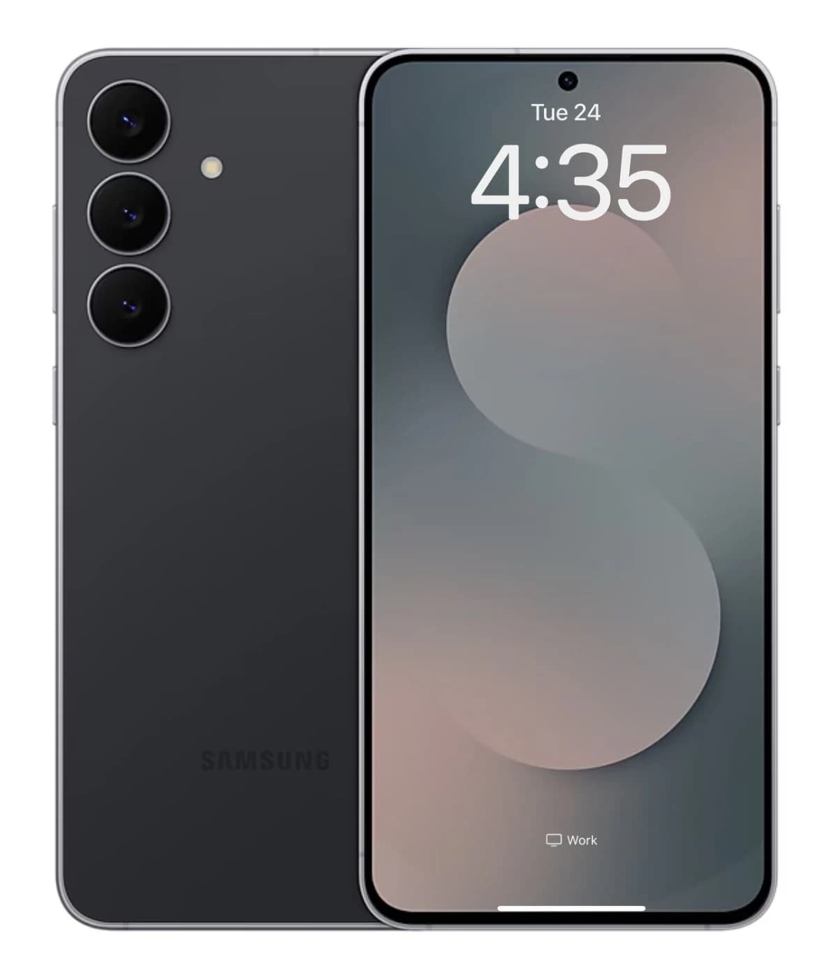 Samsung Galaxy S25 FE smartphone in sleek black finish, featuring a vibrant display with time and date on screen. The back showcases a triple camera setup, emphasizing its modern design and premium quality.