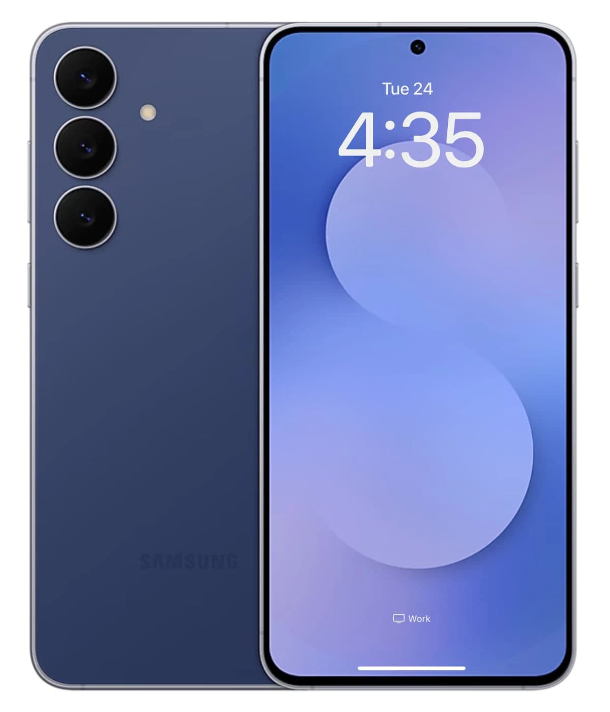 Samsung Galaxy S25 FE smartphone in navy blue color, featuring a sleek design with three rear cameras and a vibrant display showing the time. The device is positioned front-facing against a plain background, highlighting its modern aesthetics.