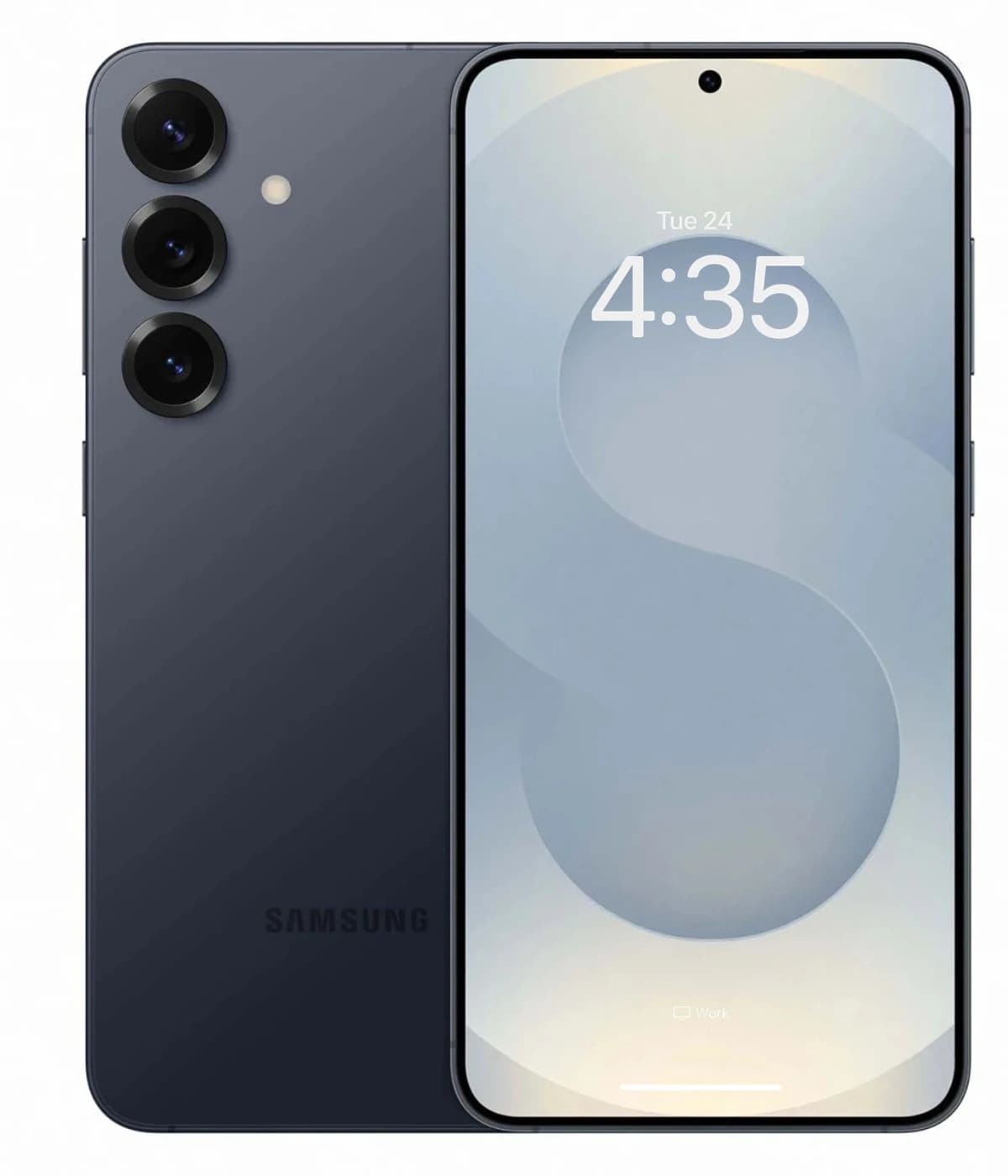 Samsung Galaxy S25 Plus smartphone in sleek dark gray color, featuring a vibrant display with a circular camera setup on the back. The screen shows the time and date, emphasizing its modern design and advanced technology.