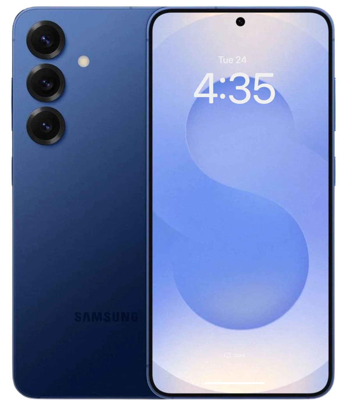 Samsung Galaxy S25 smartphone in navy blue, featuring a sleek design with a triple camera setup on the back and a vibrant display showing the time. The device is positioned front and back against a plain background.