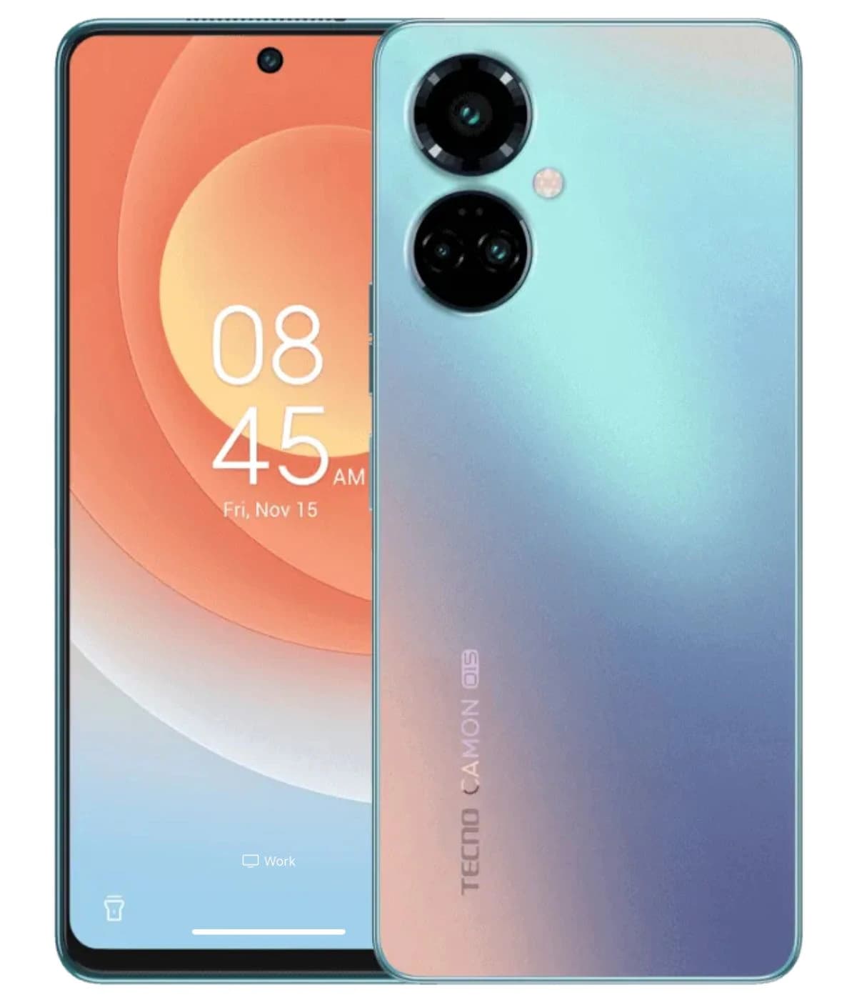 Tecno Camon 19 Pro smartphone featuring a sleek design with a gradient blue and silver finish, dual rear cameras, and a vibrant display showing the time and date. The device is presented in a front view against a plain background.