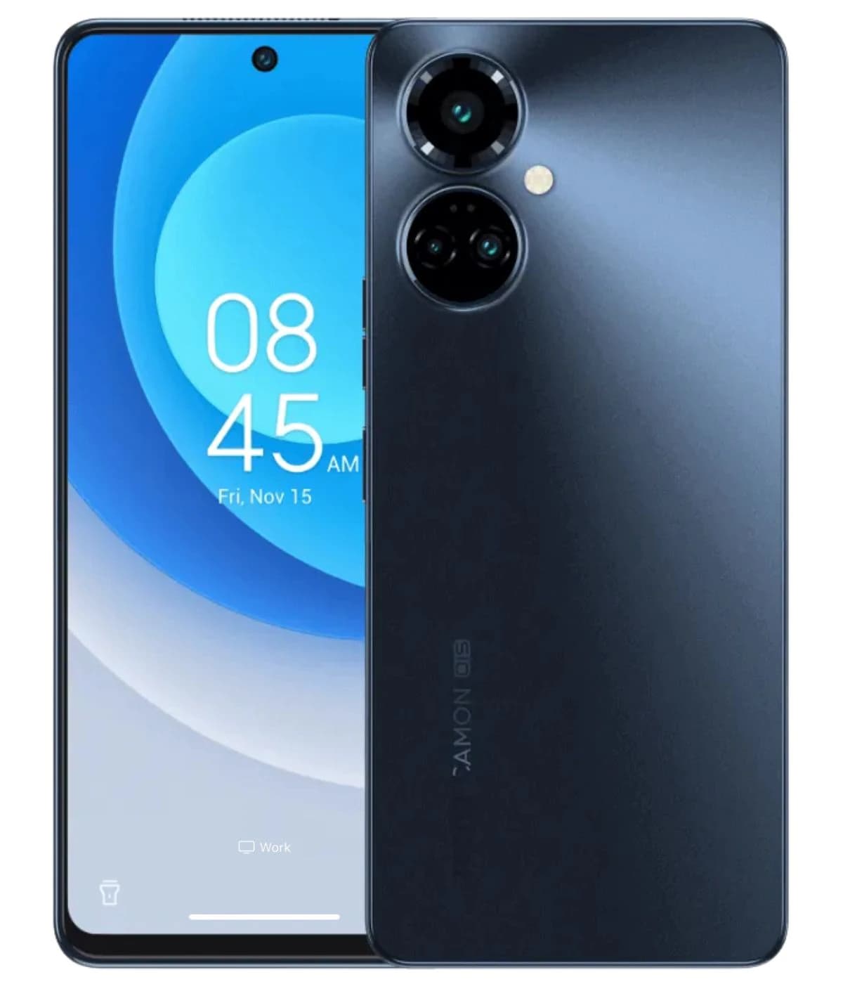 Tecno Camon 19 Pro smartphone featuring a sleek design with a dual-camera setup on the back, a vibrant blue display showing the time 08:45 AM, and a glossy finish. The device is positioned front and back to highlight its modern aesthetics.