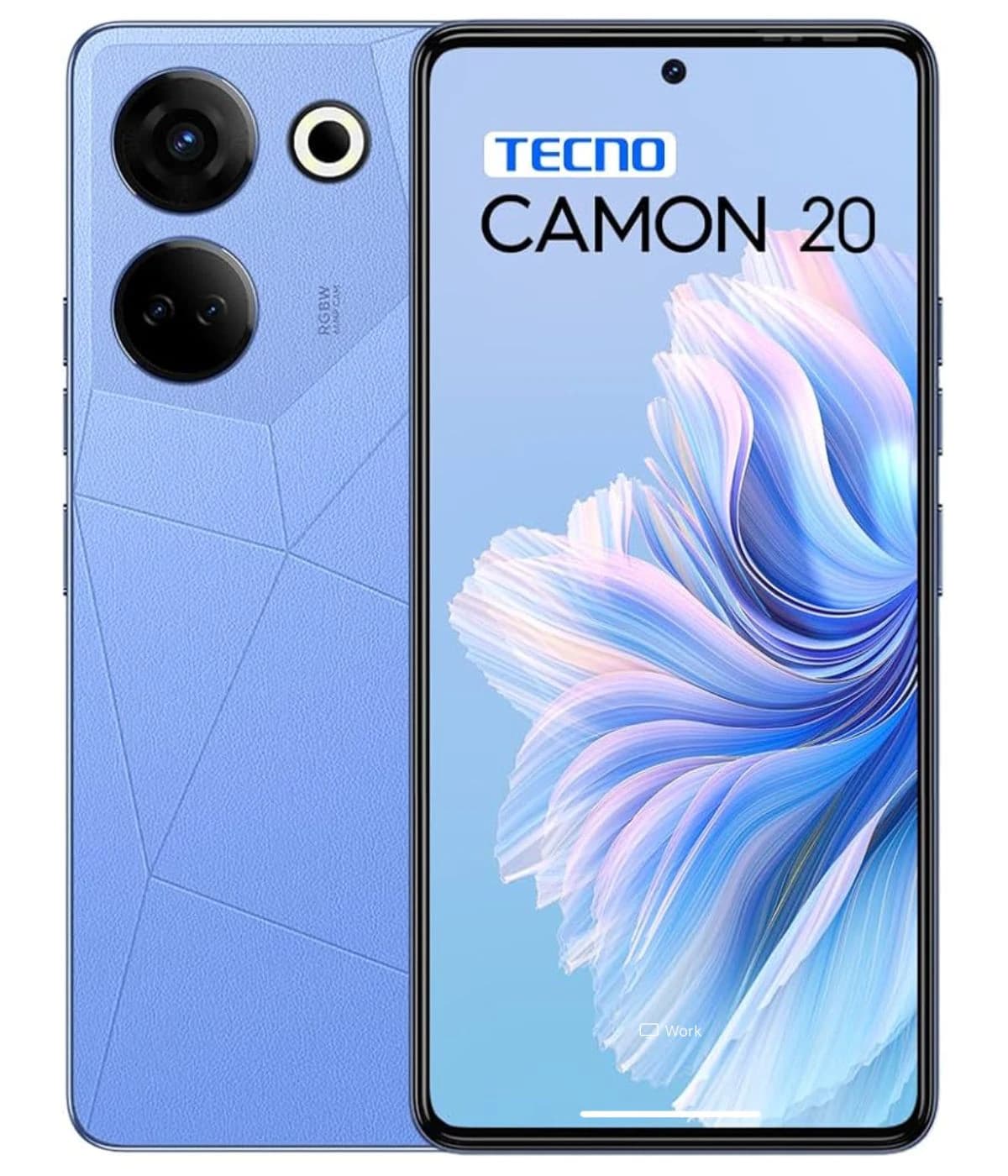 Tecno Camon 20 smartphone featuring a sleek blue design with a textured back, dual rear cameras, and a vibrant display showcasing colorful graphics. The device is presented front and back, highlighting its modern aesthetics.