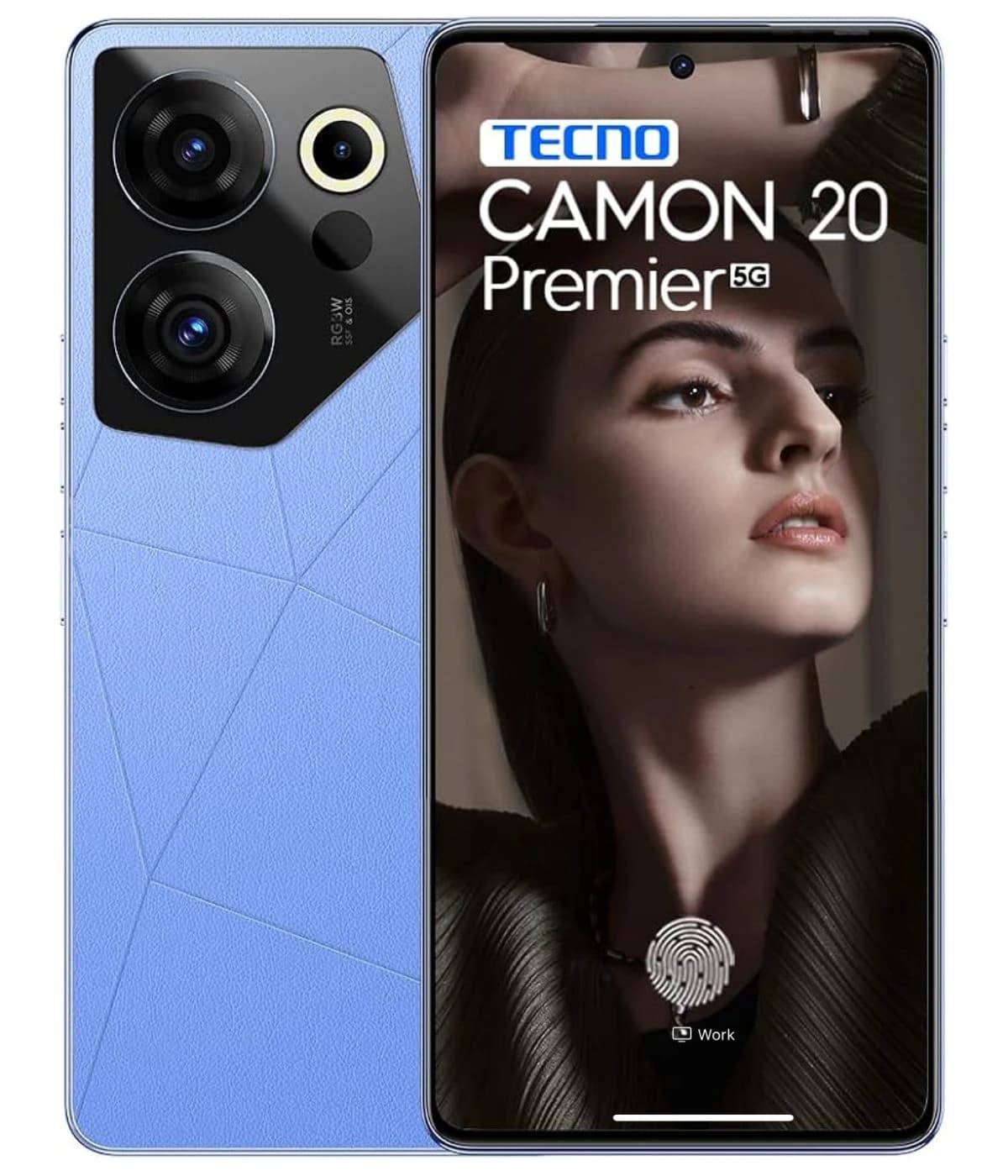 Tecno Camon 20 Premier 5G smartphone featuring a sleek blue textured back, dual rear cameras, and a vibrant display showcasing a model. The device combines modern design with advanced photography capabilities.