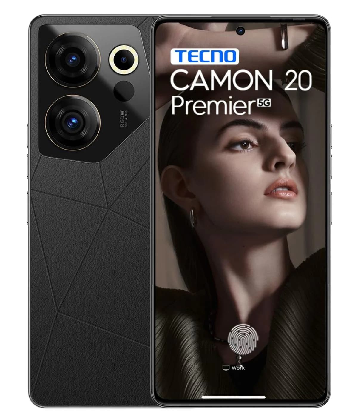 Tecno Camon 20 Premier 5G smartphone featuring a sleek black textured back, dual rear cameras, and a vibrant display showcasing a model's portrait. The device is designed for premium performance with modern aesthetics.