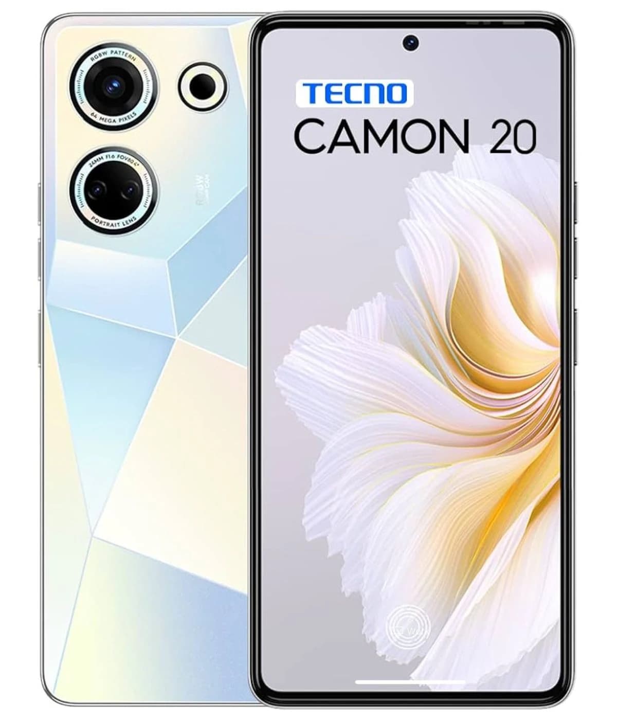 Tecno Camon 20 smartphone featuring a sleek design with a reflective geometric pattern on the back, dual camera setup, and a vibrant display showcasing a floral wallpaper. The device is presented in a front view against a plain background.