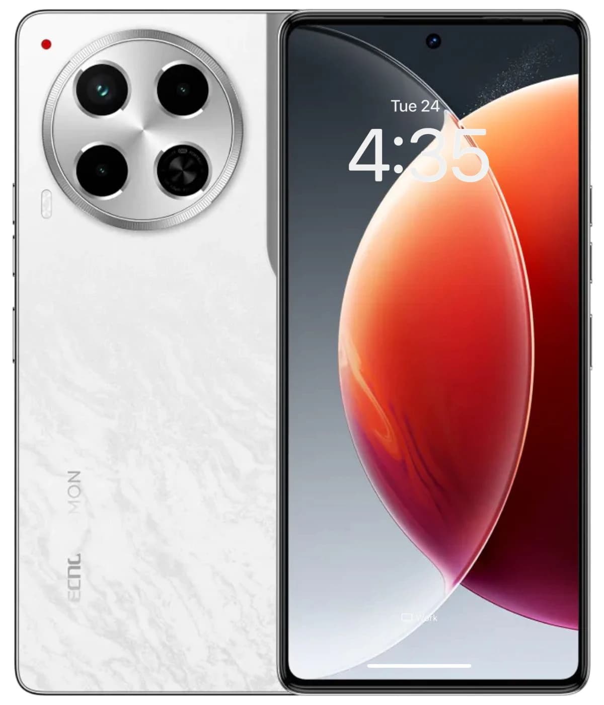 Tecno Camon 30 smartphone featuring a sleek white marble design, triple rear camera setup with silver accents, and a vibrant display showing the time. The device is presented in a front view on a plain background.