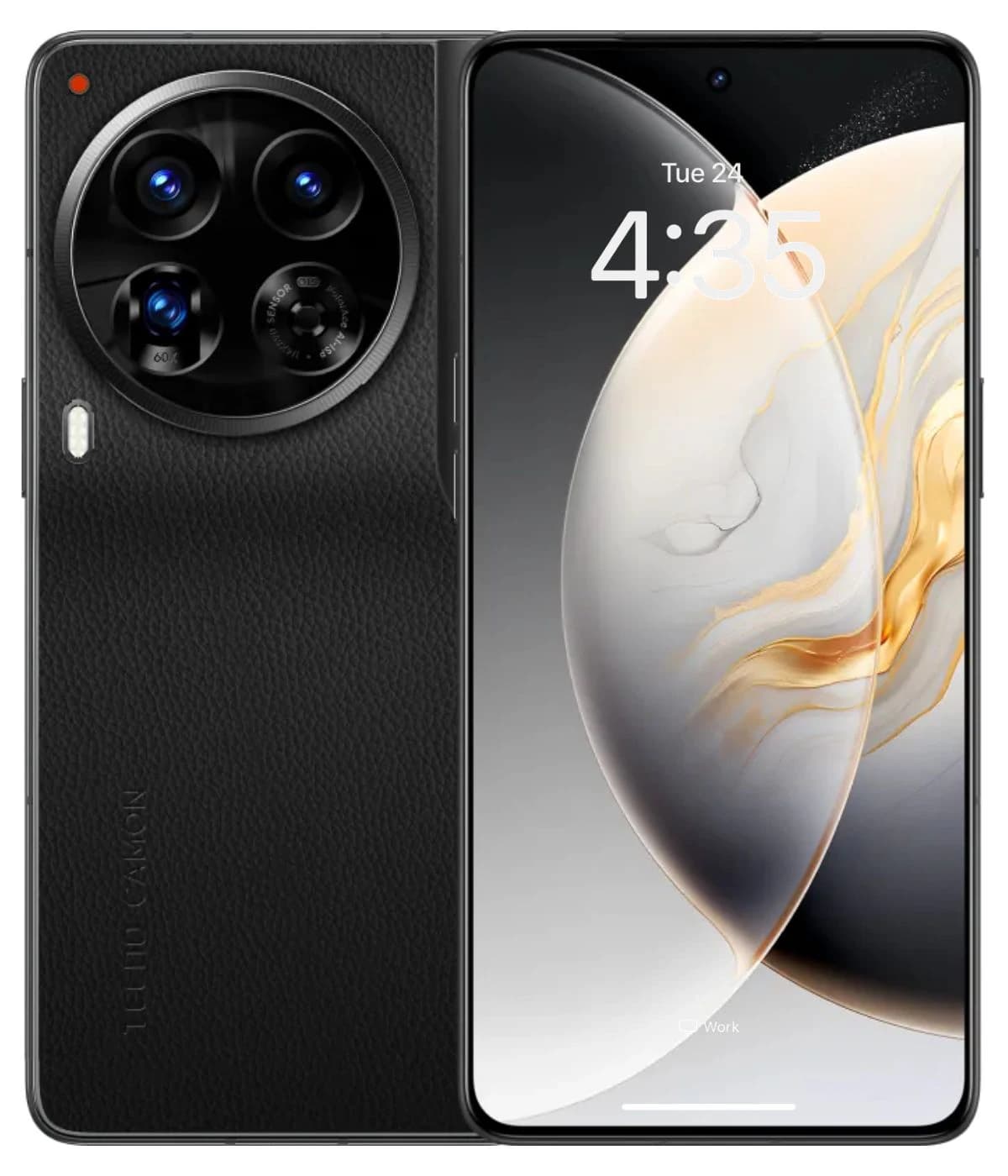 Tecno Camon 30 Premier smartphone featuring a sleek black leather back and a stunning display with a triple camera setup. The device showcases a modern design with a vibrant screen and elegant curves.
