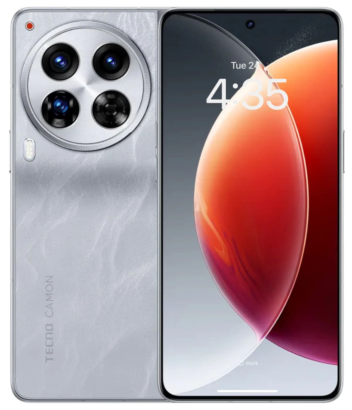 Tecno Camon 30 Premier smartphone featuring a sleek silver design, triple rear camera setup with blue accents, and a vibrant display showing the time. The device has a textured back and modern aesthetics, ideal for tech enthusiasts.