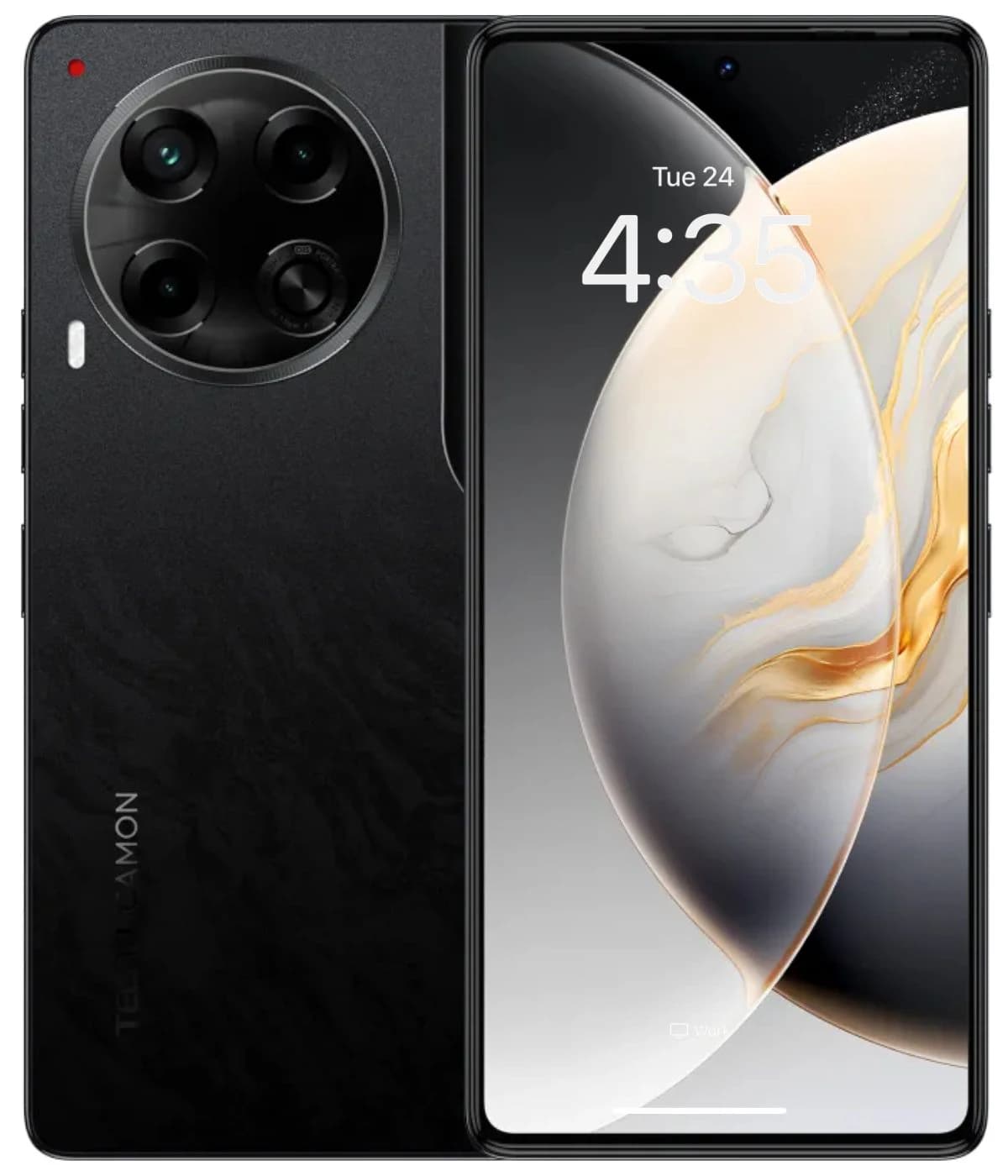 Tecno Camon 30 smartphone in sleek black finish, featuring a triple camera setup on the back, showcasing a modern design with a large display showing the time. The device has a premium feel with a glossy surface and rounded edges.