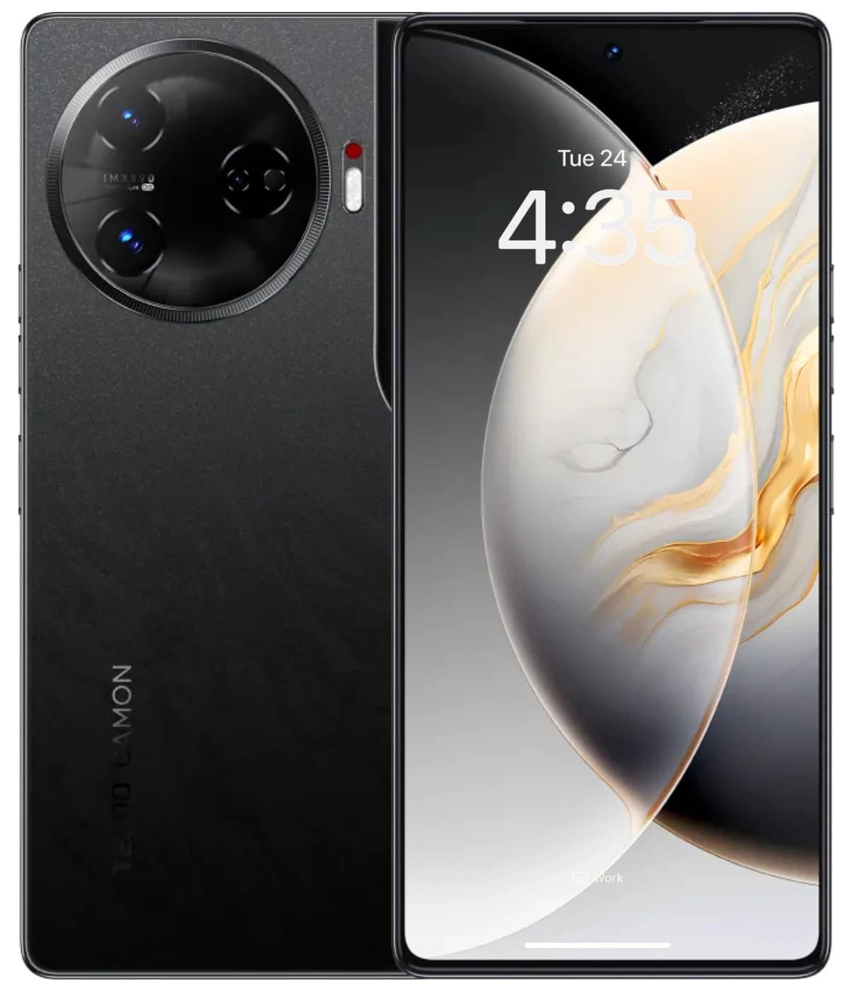 Tecno Camon 30 Pro smartphone in sleek black design featuring a large display and a unique circular camera module with three lenses. The device showcases a modern aesthetic with a glossy finish and a vibrant screen displaying the time.