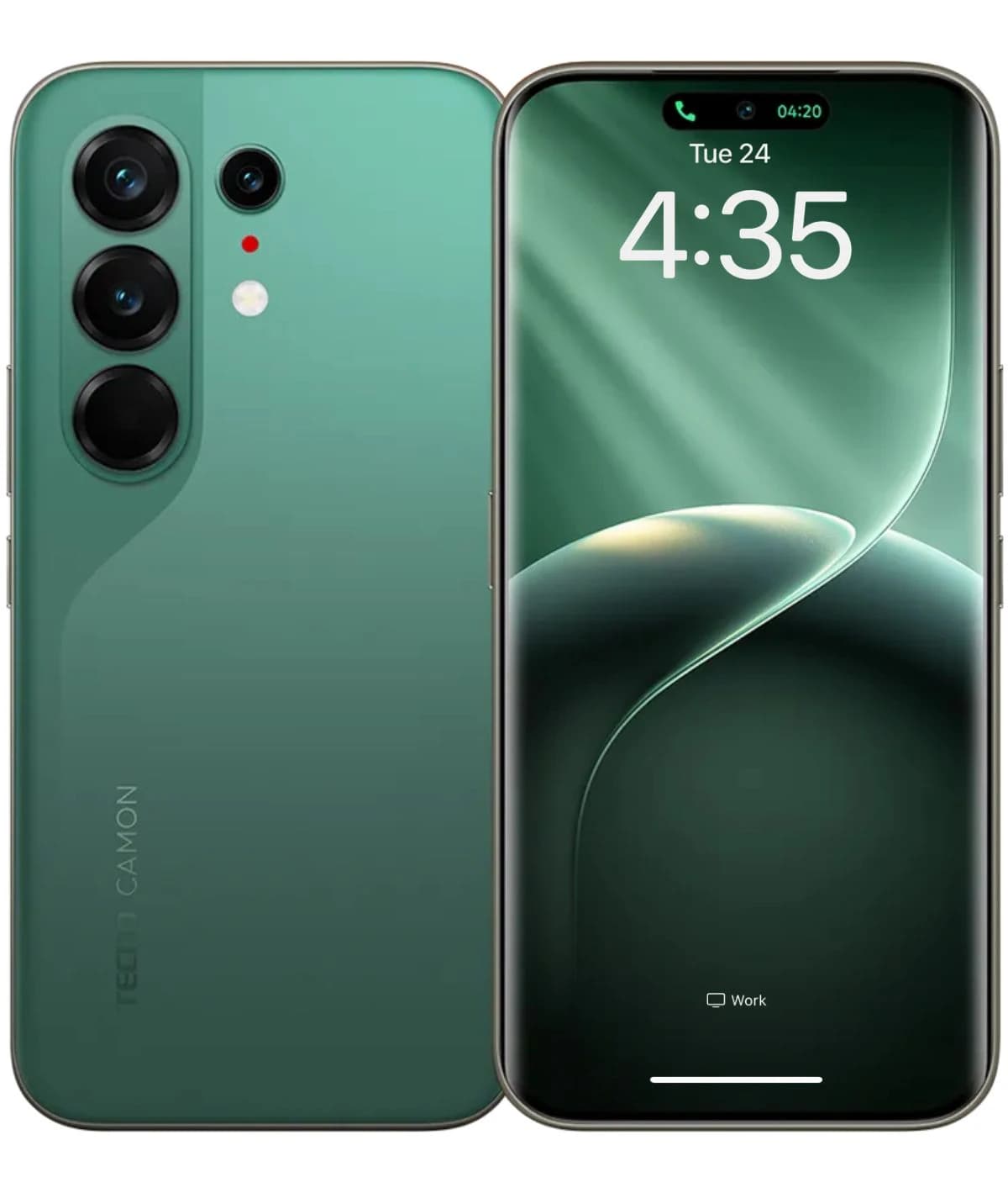 Tecno Camon 50 Ultra 5G smartphone in a sleek green finish, showcasing a triple camera setup on the back and a vibrant display with time and notification icons on the front. The device features a modern design with rounded edges and a glossy surface.