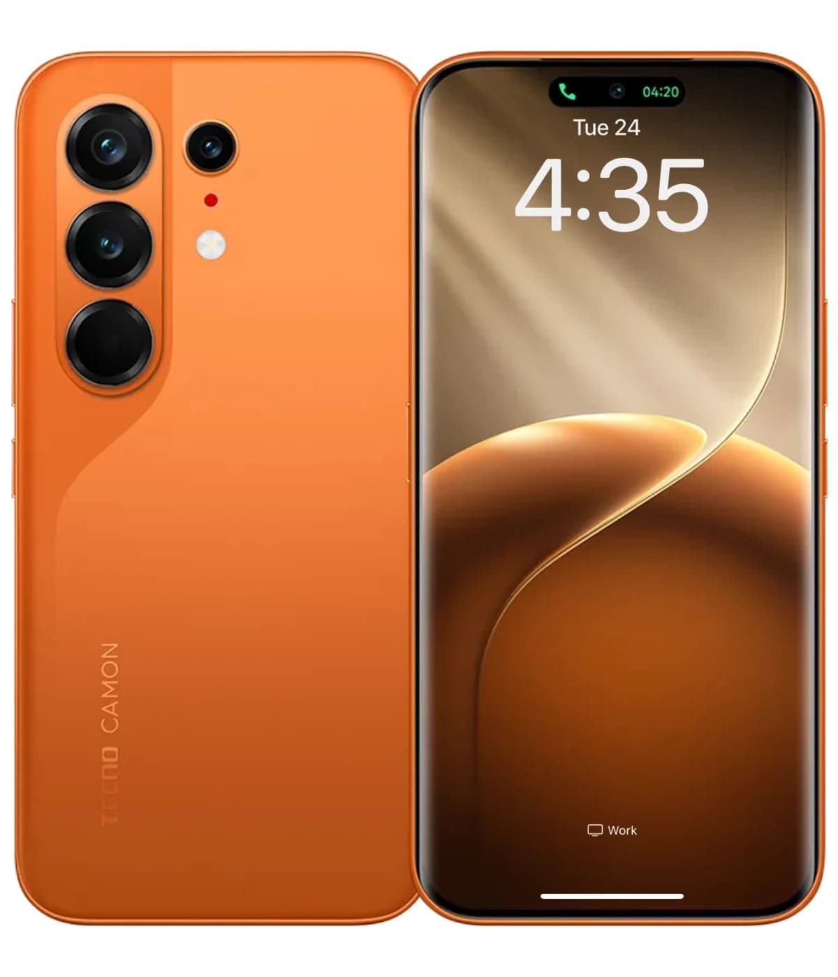 Tecno Camon 50 Ultra 5G smartphone in vibrant orange color, featuring a sleek design with three rear cameras and a large display showing the time. The back showcases the Tecno Camon branding, emphasizing its modern aesthetics.