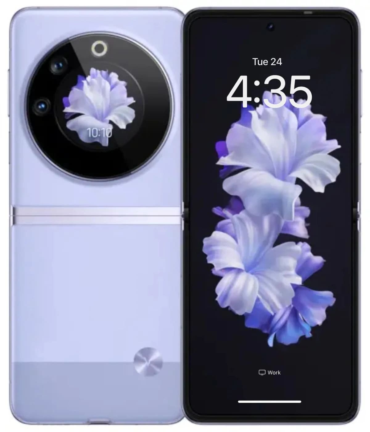 Tecno Phantom V Flip smartphone in lavender color, featuring a unique circular camera design with three lenses and a vibrant floral wallpaper on the display. The device is shown in an open position, highlighting its sleek foldable design.