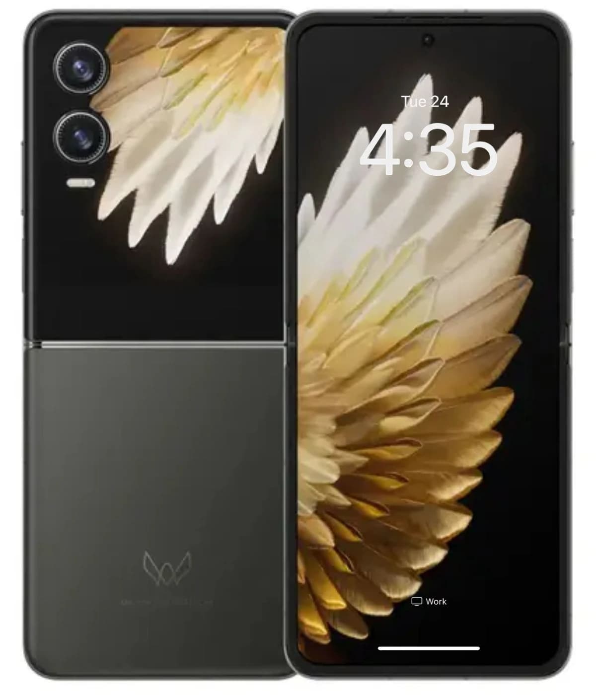 Tecno Phantom V Flip 2 5G smartphone in sleek black design, featuring dual rear cameras and a vibrant display showcasing a floral wallpaper. The device is partially open, highlighting its foldable design.