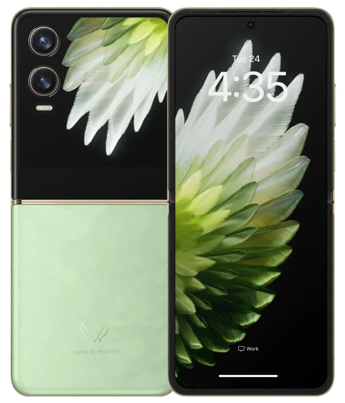 Tecno Phantom V Flip 2 5G smartphone featuring a sleek design with a mint green back and a black front display. The device showcases dual rear cameras and a vibrant floral wallpaper on the screen, highlighting its modern aesthetics.