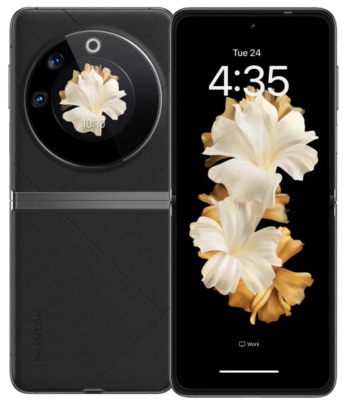 Tecno Phantom V Flip smartphone in sleek black design, featuring a unique circular camera module with dual lenses and a vibrant floral wallpaper on the display. The device showcases a modern flip style with a textured finish.