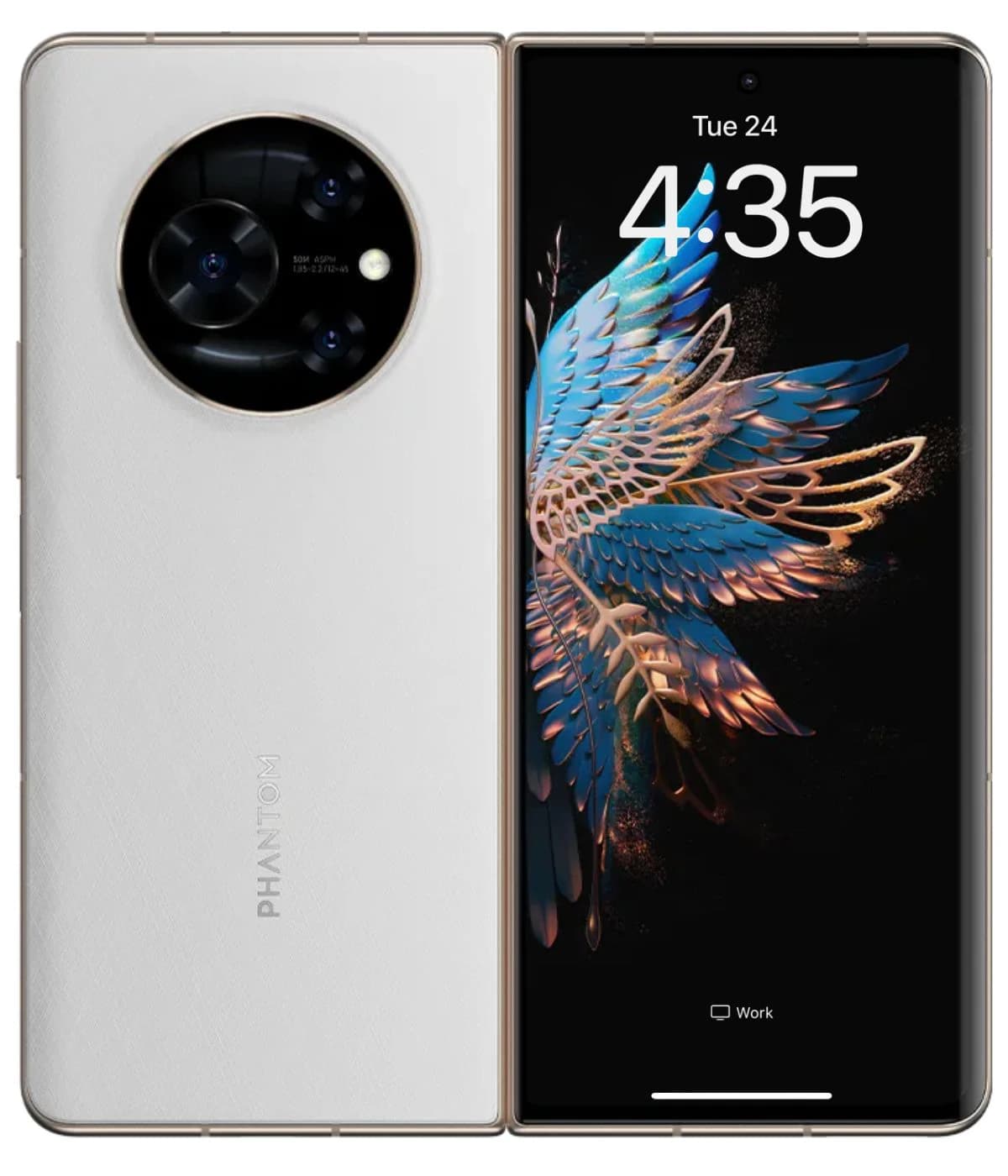 Tecno Phantom V Fold smartphone in white color with a unique circular camera module and vibrant display featuring a colorful feather design. The device is shown in a front view with the screen illuminated, highlighting its sleek design and premium…