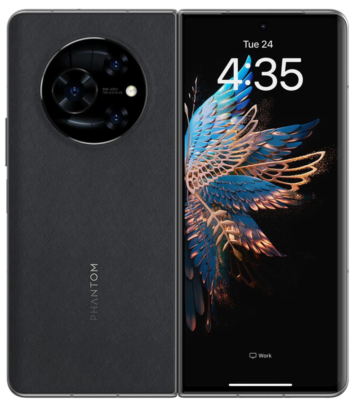Tecno Phantom V Fold smartphone in sleek black design, featuring a vibrant display with a colorful feather wallpaper. The device showcases a unique circular camera module with three lenses on the back and a textured finish.
