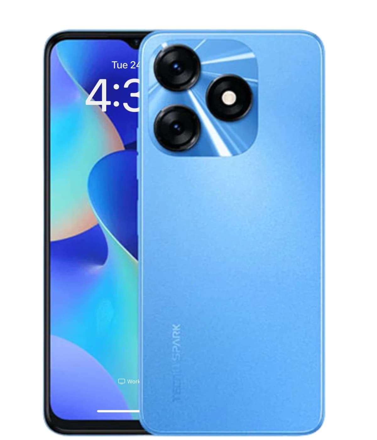 Tecno Spark 10 smartphone in vibrant blue color featuring a sleek design, three rear cameras, and a large display showing colorful graphics. The device is positioned front-facing with the back visible, highlighting its modern aesthetic.