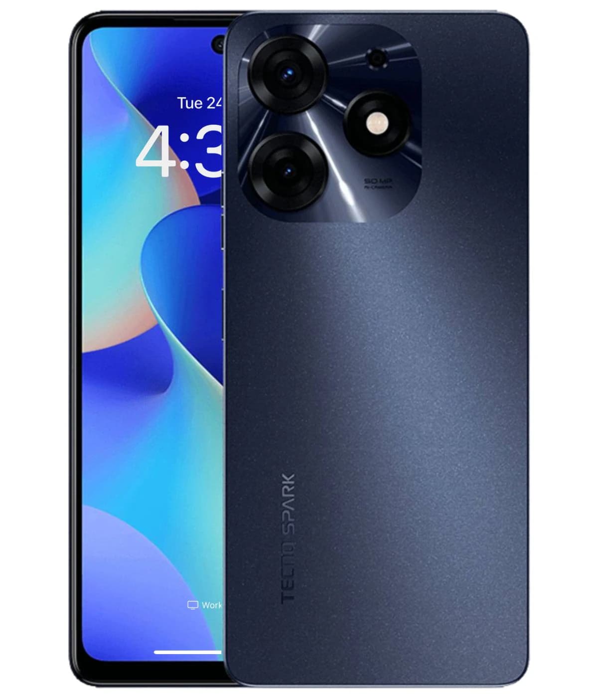 Tecno Spark 10 smartphone featuring a sleek navy blue design with a 50 MP triple camera setup on the back. The front displays a vibrant screen with a colorful interface, showcasing its modern aesthetic and user-friendly features.