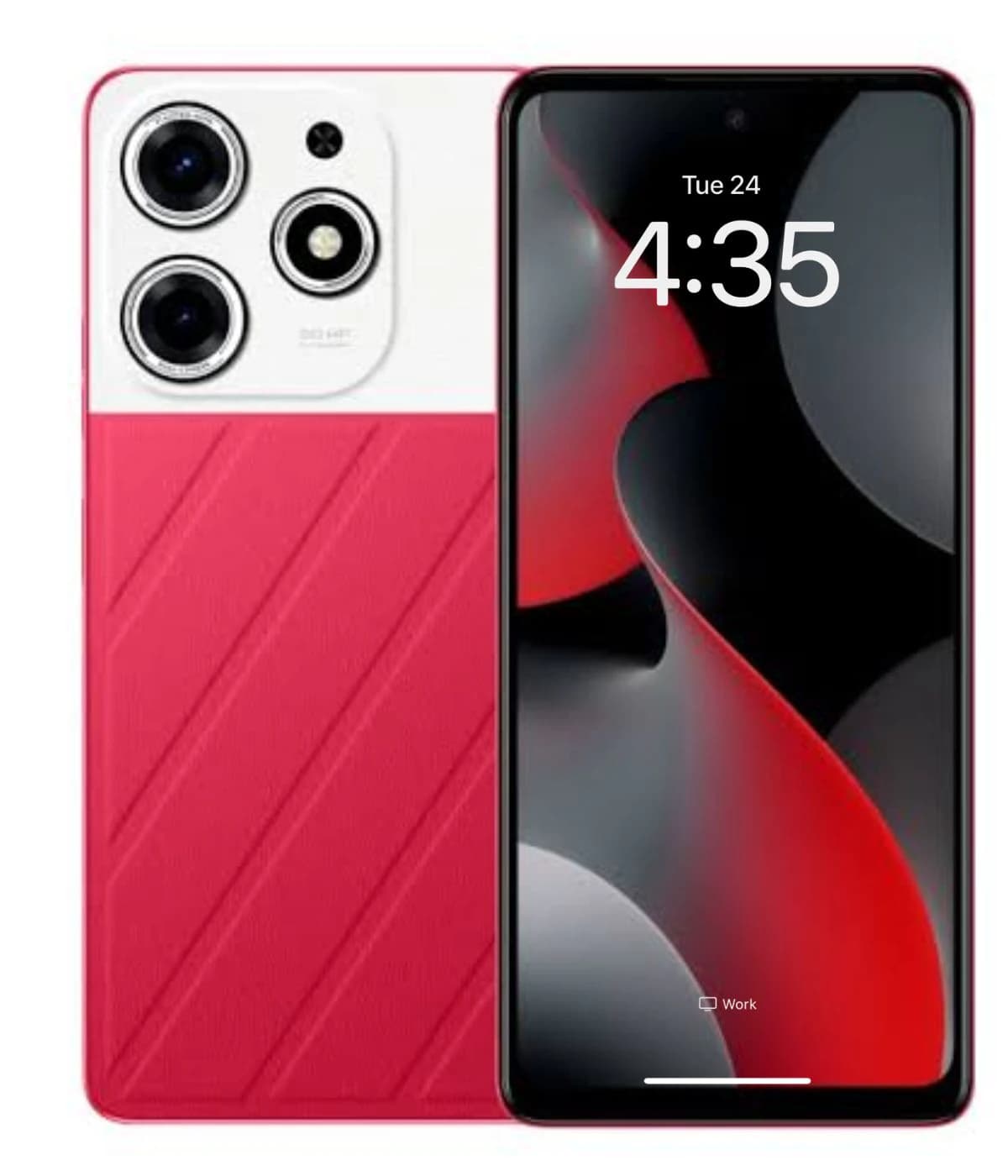 Tecno Spark 10 Pro smartphone featuring a vibrant red and white design, showcasing a triple camera setup on the back. The front displays a sleek screen with a modern interface. Ideal for tech enthusiasts seeking style and functionality.