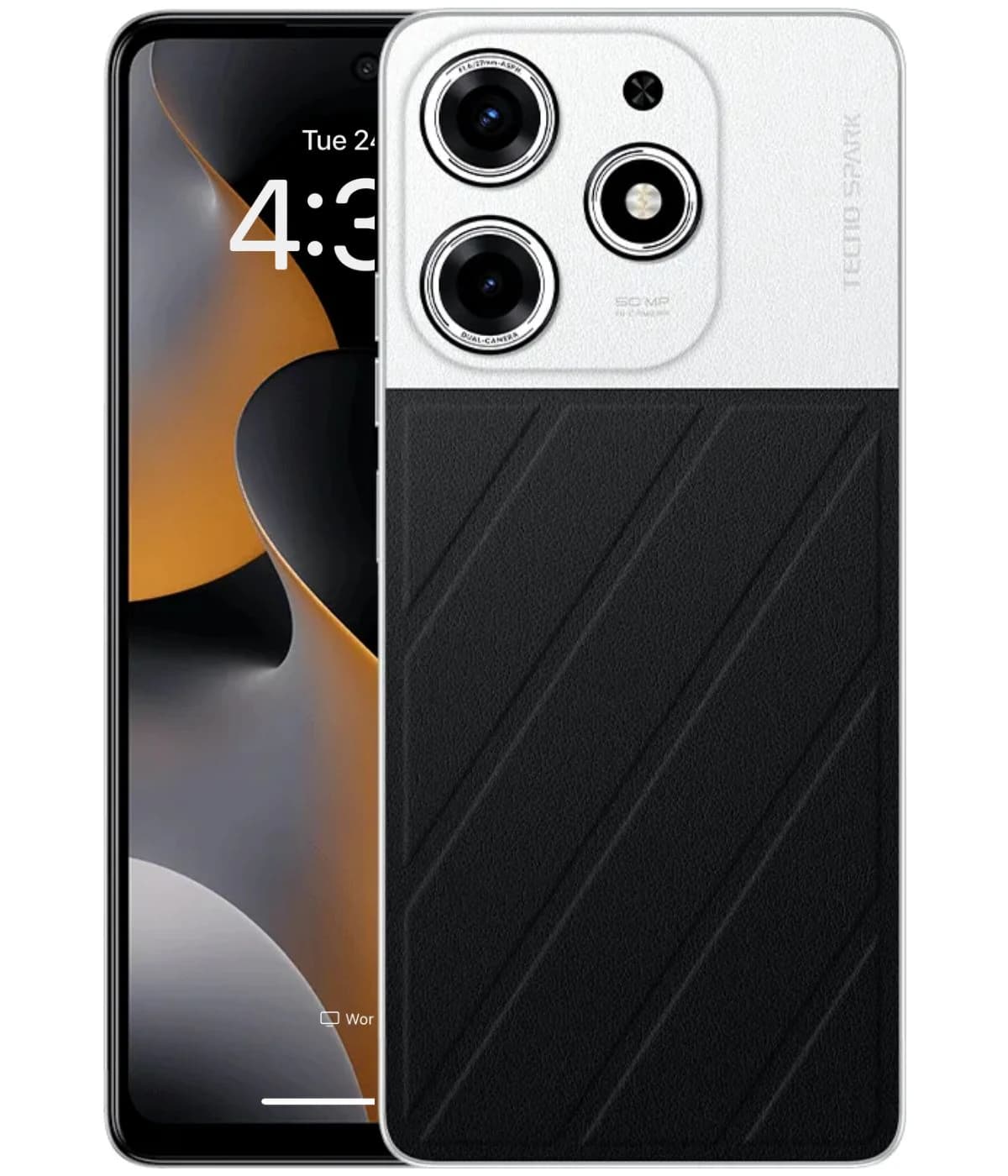Tecno Spark 10 Pro smartphone featuring a sleek design with a white and black color scheme, showcasing a 50 MP dual-camera setup on the back. The front displays a vibrant screen with a modern interface, ideal for tech enthusiasts.