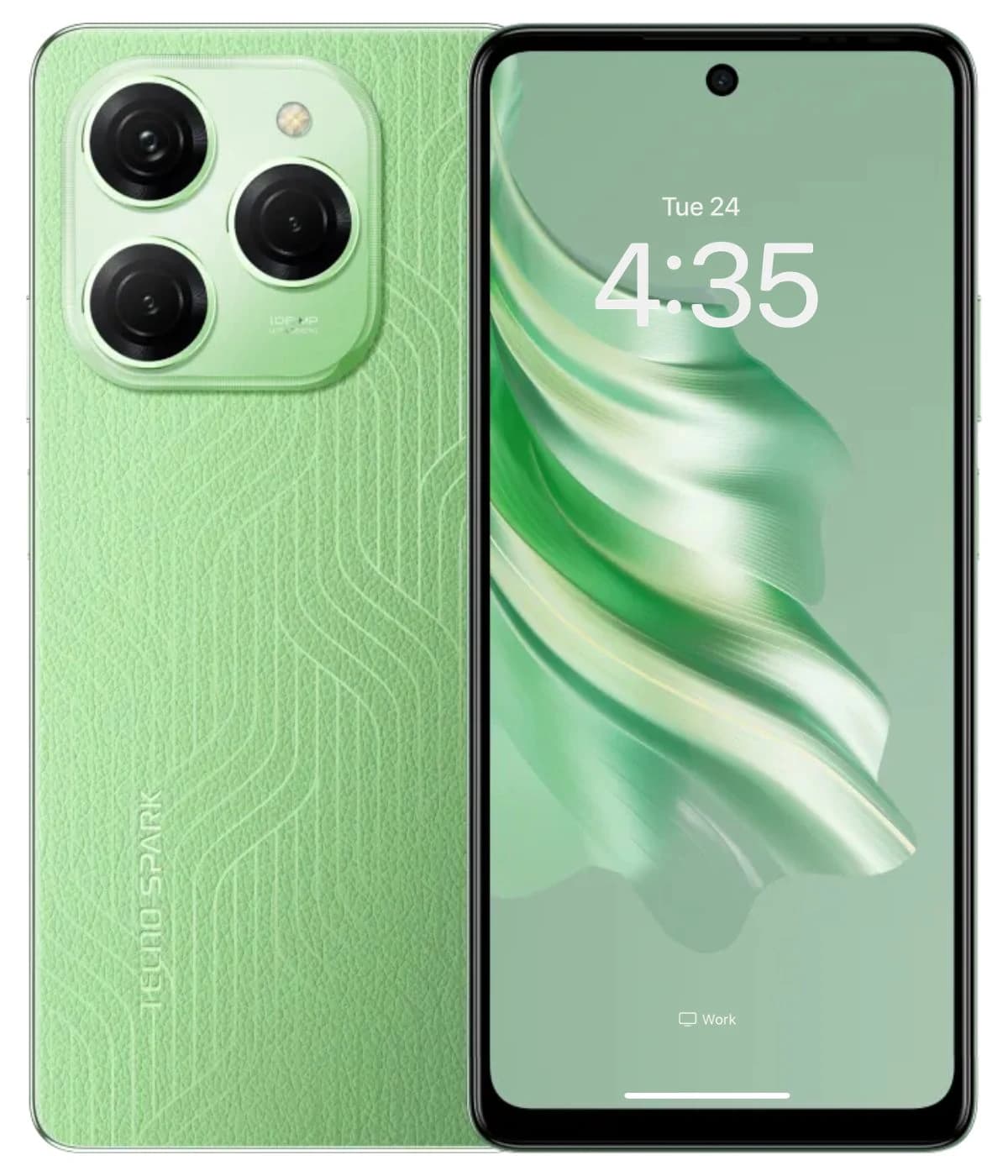 Tecno Spark 20 Pro smartphone in mint green color featuring a textured back design, triple camera setup, and a vibrant display showing the time. The device is sleek and modern, ideal for tech enthusiasts.