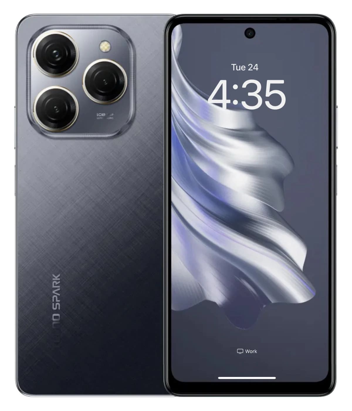 Tecno Spark 20 Pro smartphone featuring a sleek design with a textured gray back and a vibrant display showing the time. The device has a triple camera setup on the back, emphasizing its photography capabilities.