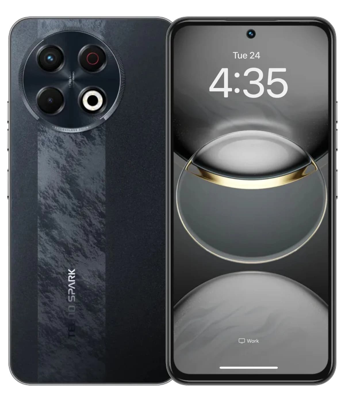 Tecno Spark 30 Pro smartphone featuring a sleek black design with a textured back, triple camera setup, and a vibrant display showing the time. The device showcases a modern aesthetic with a minimalist style.