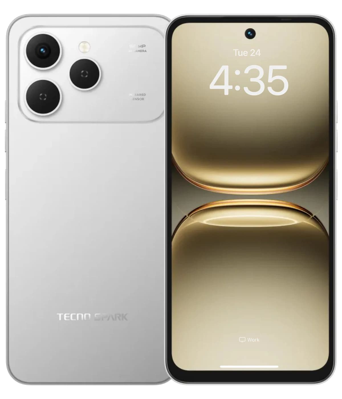 Tecno Spark 40 smartphone in sleek silver finish, showcasing a vibrant display with a golden background. Features a triple camera setup on the back and a modern design with rounded edges.