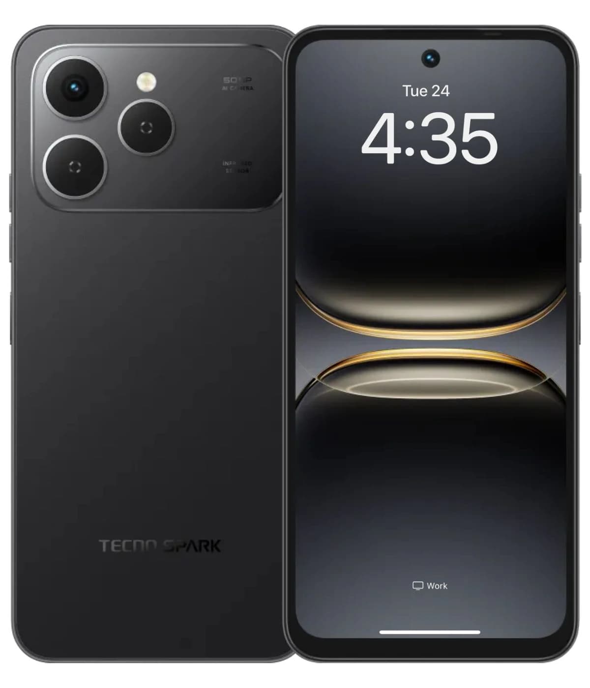 Tecno Spark smartphone in sleek black design featuring a dual-camera setup and a vibrant display. The device showcases a modern aesthetic with rounded edges and a glossy finish, ideal for tech enthusiasts.