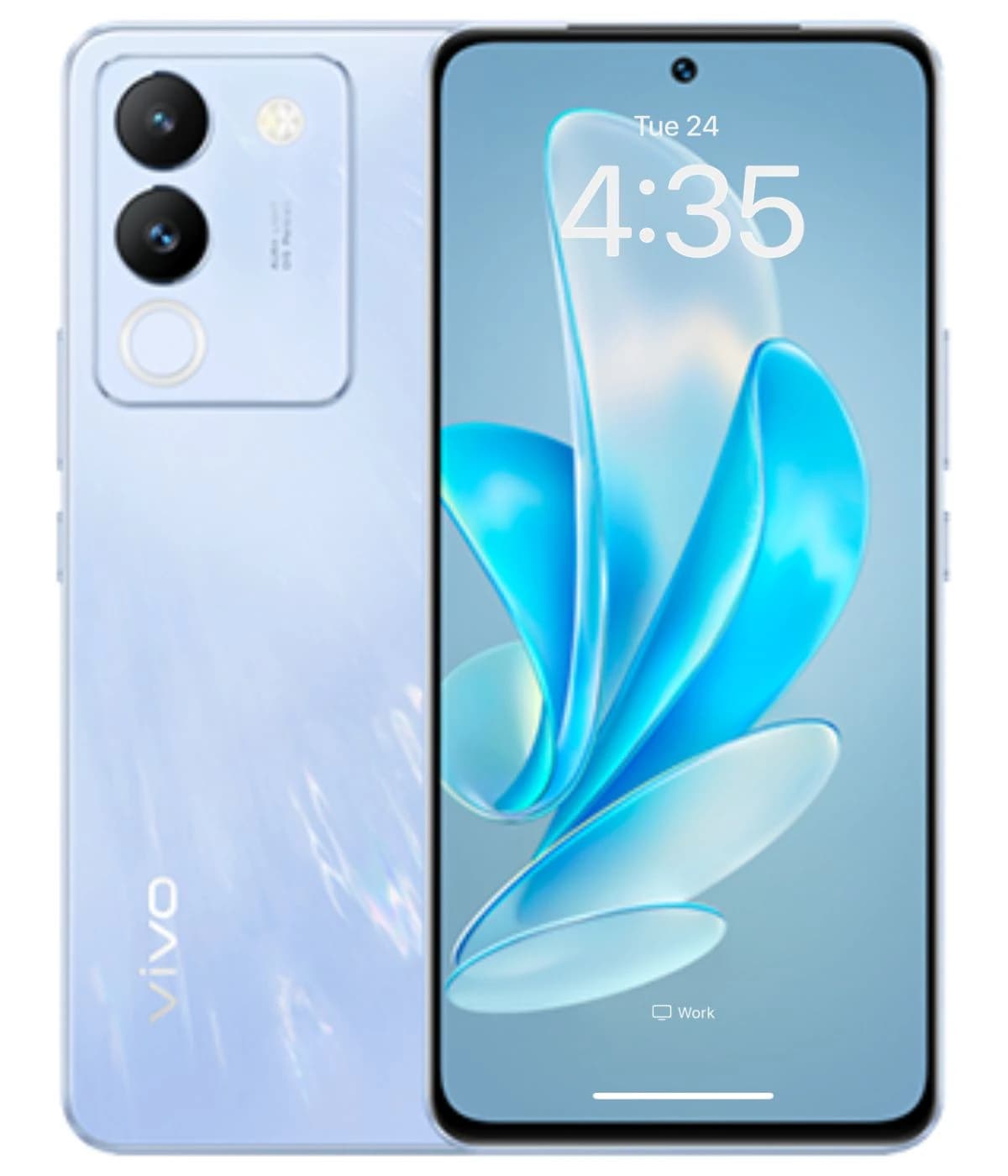 Vivo V29e smartphone in a sleek light blue color with a glossy finish. Features a dual-camera setup on the back and a vibrant display showing the time. Ideal for tech enthusiasts seeking style and performance.