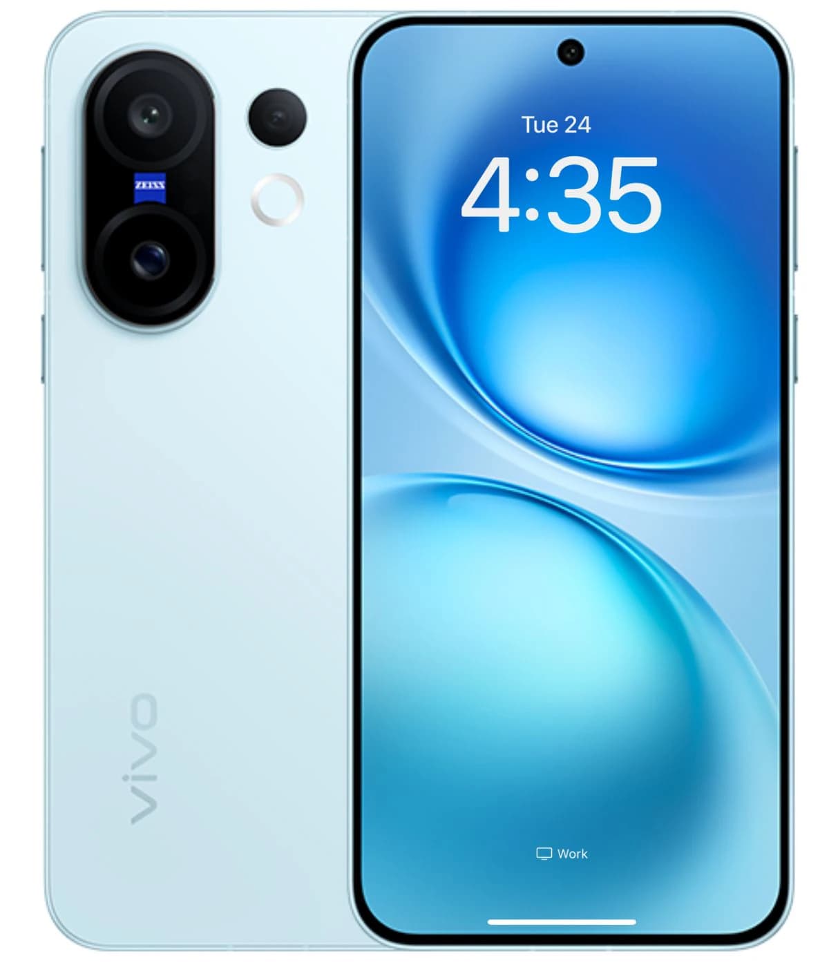 Vivo X200 FE smartphone in a sleek light blue finish, featuring a dual-camera setup with Zeiss optics. The front displays a vibrant screen with a circular front camera cutout, showcasing the time and a smooth interface.